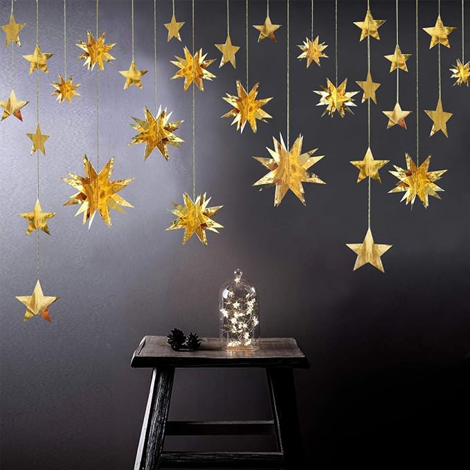pinkblume Gold Party Decorations Star Garlands Streamer Gold 3D Stars Metallic - Image 3