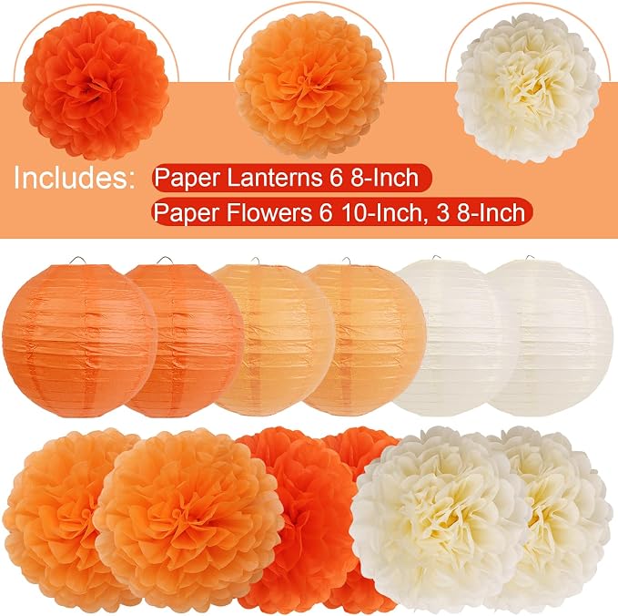 Orange Birthday Party Decorations Paper Lanterns and Pom Poms 15pcs Set | Baby - Image 4