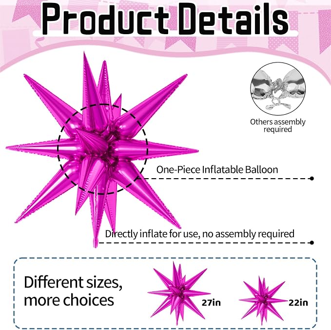 22/27 Inch Black Hot Pink Star Balloons, Cone Spike Balloon, Aluminum Foil - Image 3