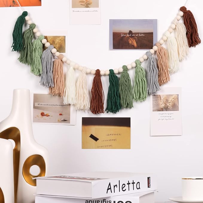 Green Tassel Garland with Wood Bead Jungle Leaves Garland Banner - Image 4
