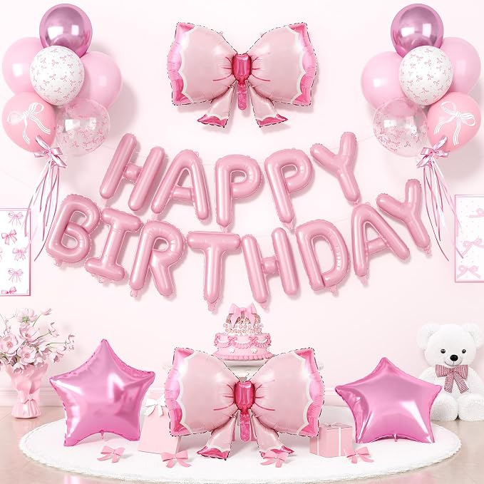 29PC Bow Happy Birthday Balloon Banner, 16Inch 3D Aluminum Letter Banner Sign by Paready
