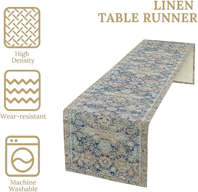 Vintage Boho Floral Table Runner, Rustic Country Farmhouse Blue Yellow Retro Flower Pattern for Home Kitchen Table Decor Dining Coffee Room Party Decor 13x72in