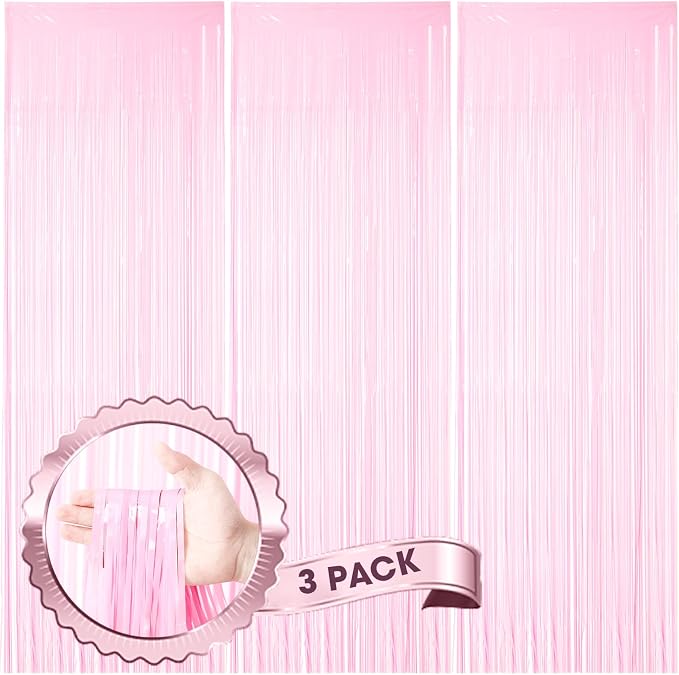 Voircoloria Pastel Pink Foil Fringe Backdrop Curtains, 3 Pack | Tinsel Streamers by Voircoloria