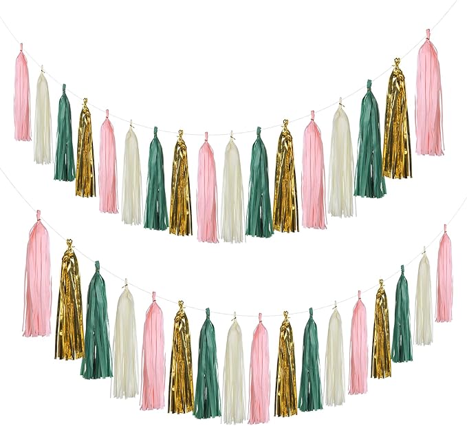 Meetppy 20PCS Sage Green Pink Sand White Gold Paper Tassel Party Tassel Garland - Image 2