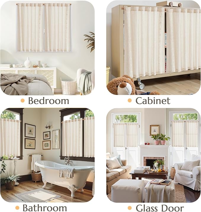 jinchan Ivory Floral Embroidered Short Linen Curtains 54×54 Inches 2 Panels | - Image 9