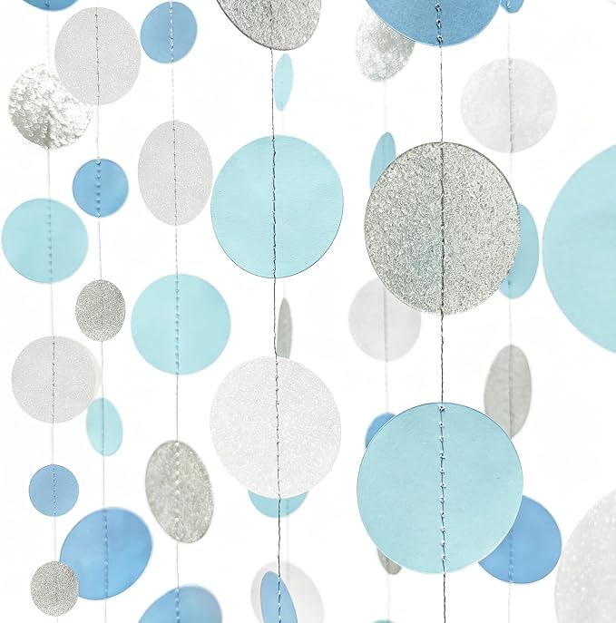 Dusty Blue Silver White Polka Dots Garland Hanging Paper Circle Dot Streamer - Image 3