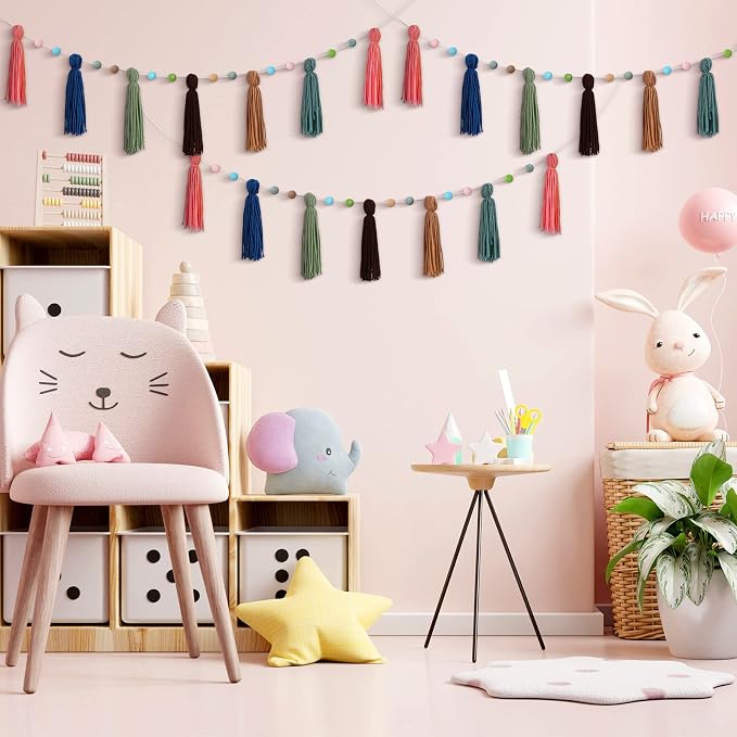 Syhood 3 Pcs Boho Tassel Garland Boho Rainbow Pom Pom Wall Decor Each 50'' - Image 4