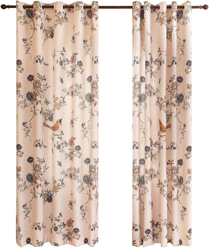 Designer French Linen Printed Curtains, 2 Panels, Bird and Flowers Pattern Draps - Image 4