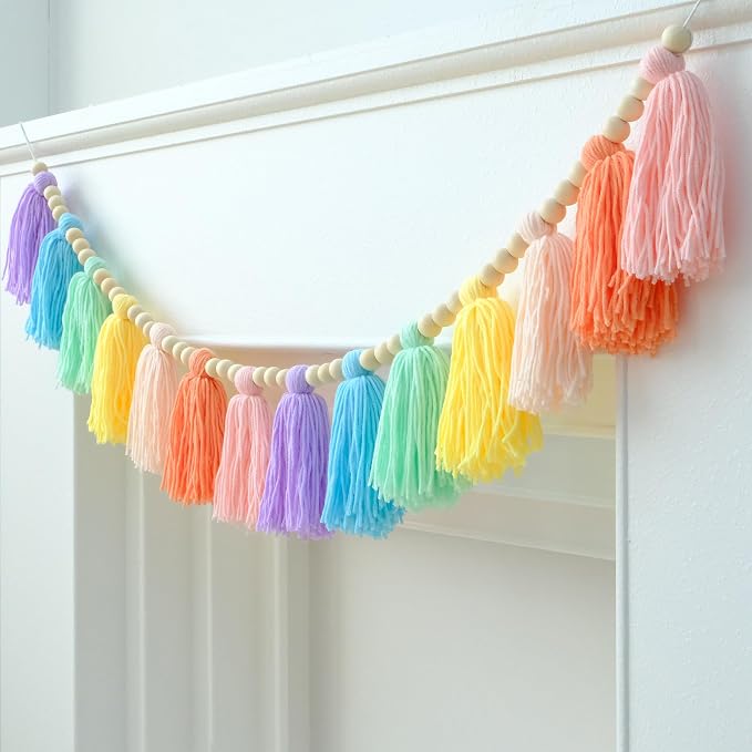 DCJHFJ Pastel Rainbow Boho Tassel Garland Wall Hanging - Image 2