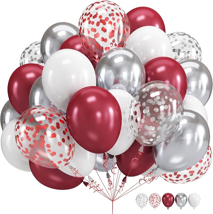 Burgundy Red and Silver Balloons, 60 Packs 12 Inch Wine Red and White Silver by Govpy