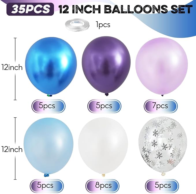 Blue Purple Snowflake Balloons Set, 12 Inch Metallic Blue Purple Balloon - Image 2