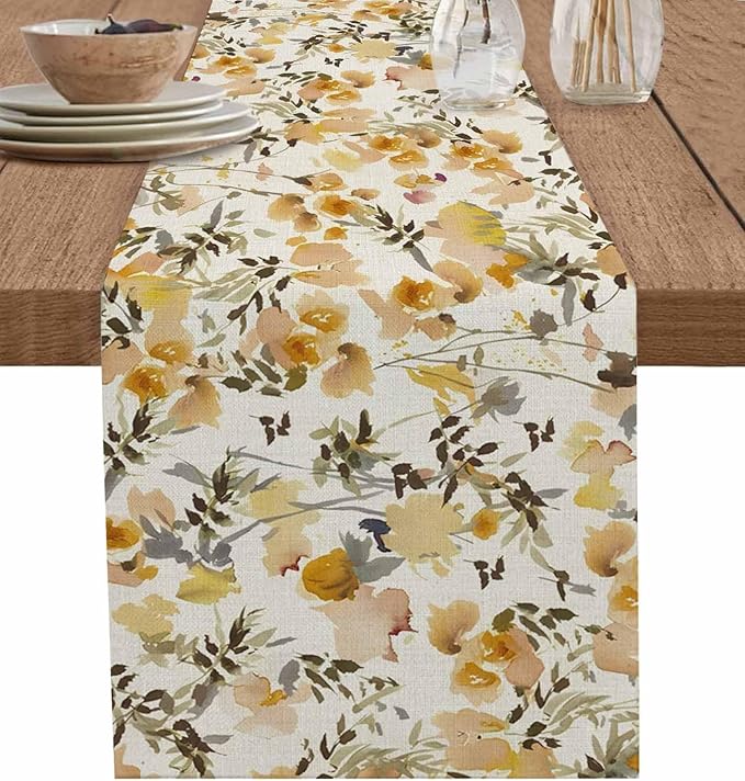 Vintage Orange Flower Cotton Linen Table Runner for Dining Kitchen, Wedding Outdoor Party Tablerunners Decoration, Farmhouse Botanical Floral Retro Dresser Scarf Coffee Tablecloth Runners 13x48 Inches