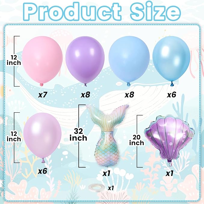 Mermaid Balloons, 12 Inch Pastel Pink Purple Blue Pearl Balloons - Image 2
