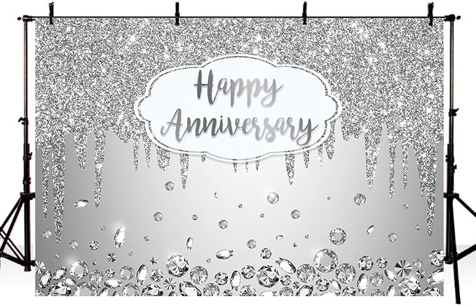 AIBIIN 10x7ft Happy Anniversary Backdrop Silver Dripping Glitter Crystals - Image 2