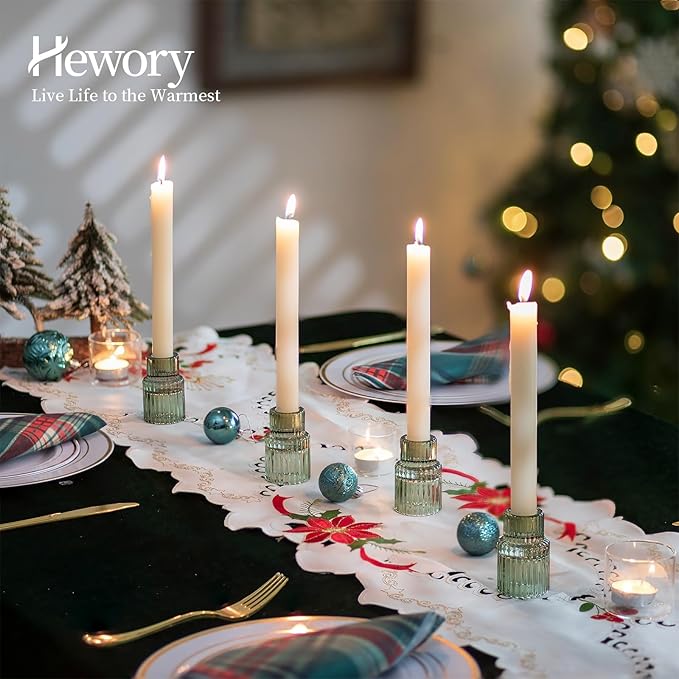 Hewory Glass Taper Candle Holders: 2PCS Green Vintage Candle Holder Candlestick Holders Bulk, Ribbed Glass Candle Holder Candle Sticks Holder Decor for Table Centerpiece Wedding Christmas Home Decor
