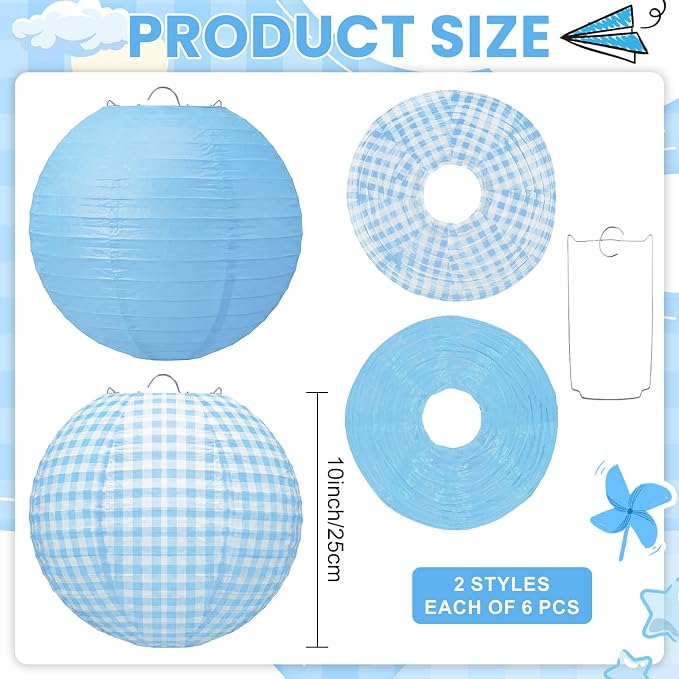 Honoson 12 Pcs Blue Gingham Paper Lanterns 10 Inch White and Blue Checkered - Image 2