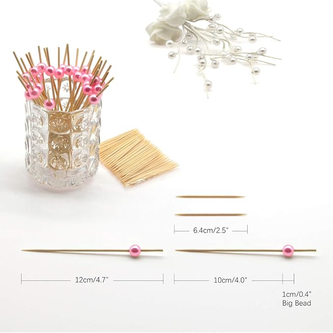 Minisland Pink Pearl Bamboo Cocktail Picks, Decorative Appetizer Toothpicks | - Image 2