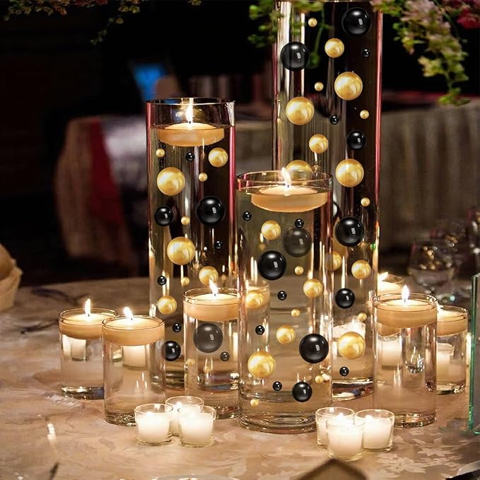 Floating Pearls for Centerpieces Vases, 250PCS Black Gold No Hole Fake Pearl Beads and 4000PCS Water Beads for Vase Filler Floating Beads for Wedding Party Decoration (Black Gold 8/14/20mm)