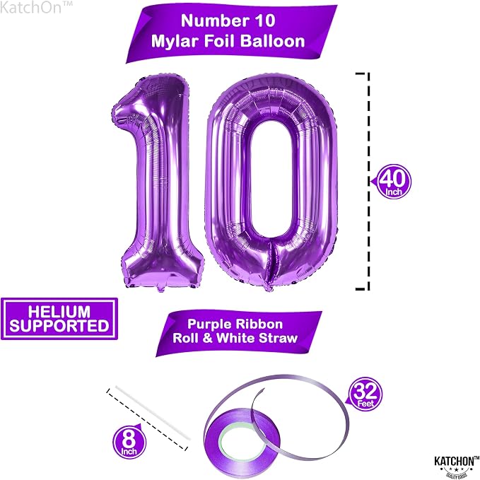 KatchOn Purple Giant 40 Inch Number 10 Balloon, 10th Birthday Decorations - Image 2