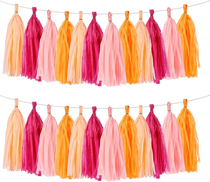 Orange & Hot Pink Tassel Garland Banner – 40 PCS Paper Tassels by BESTOFUN