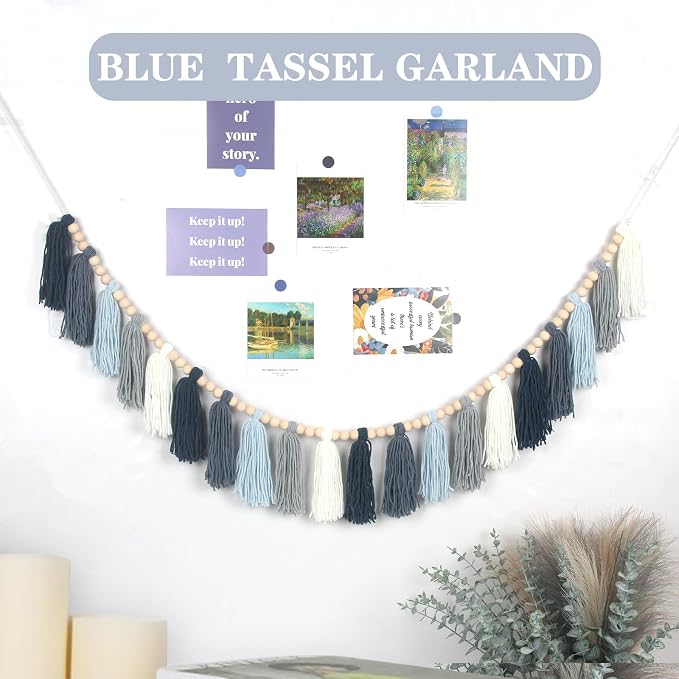 Dusty Blue Yarn Tassel Garland Wall Hanging Decor Coastal Boho Tassels Bunting - Image 2
