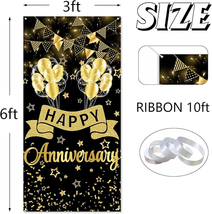 Happy Anniversary Door Banner Wedding Decorations Door Cover Black Gold - Image 2