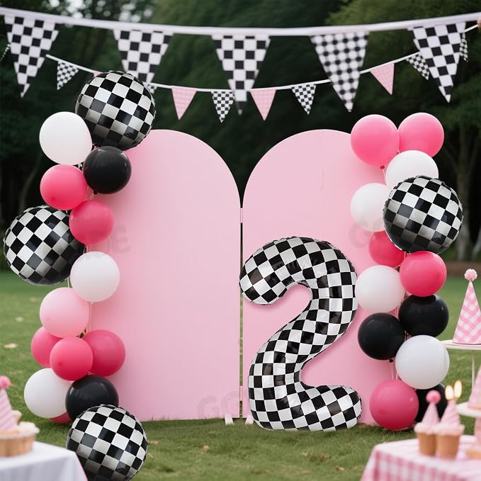 Race Car Balloon Bundle Pink Black 40 Inch Checkered Number Balloon 2 | Black - Image 4