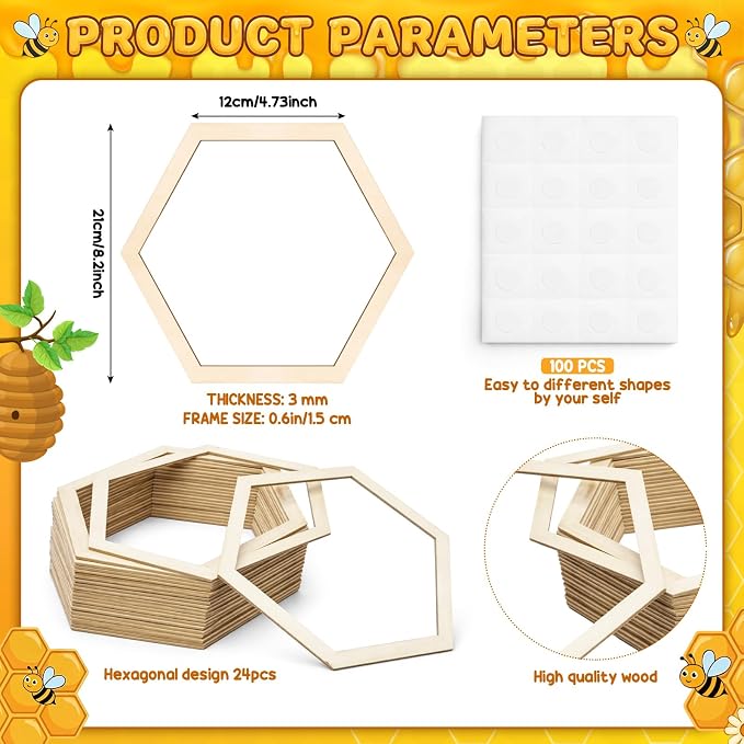 Gerrii 48 Pcs Honey Bee Honeycomb Decorations Include 8.2'' Wooden Hexagon 3D - Image 3
