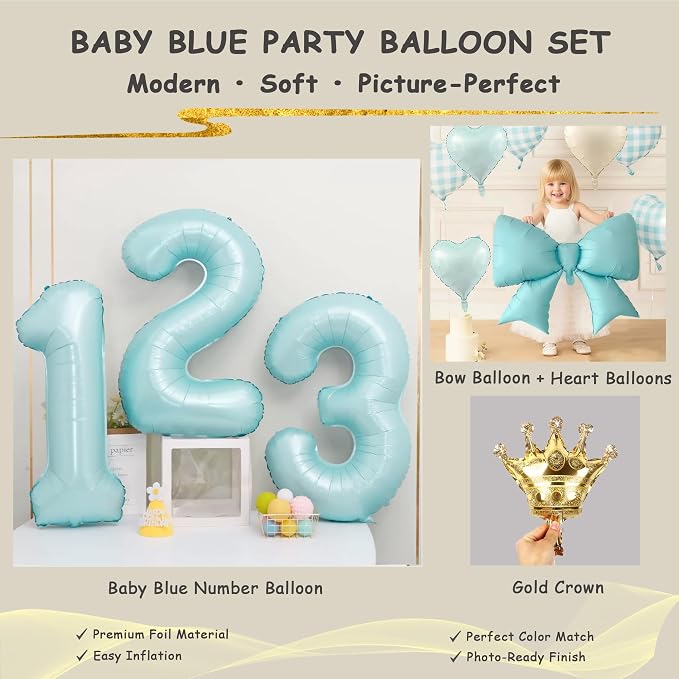 LilyZheng Pastel Blue Number 4 Foil Balloon & Bow Set, 4th Birthday Decorations - Image 4