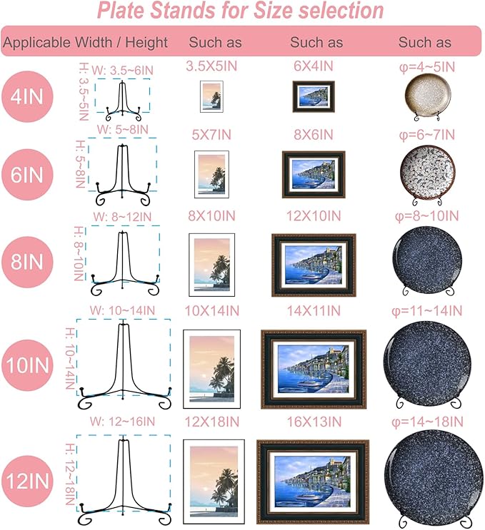 4PCS Premium Black Iron Plate Stands for Display, 8 Inch, Decorative Solid Metal Plate Holders for Displaying, Mini Easel, Frame, Book, Card, Plaque, Bowl, Picture Stands