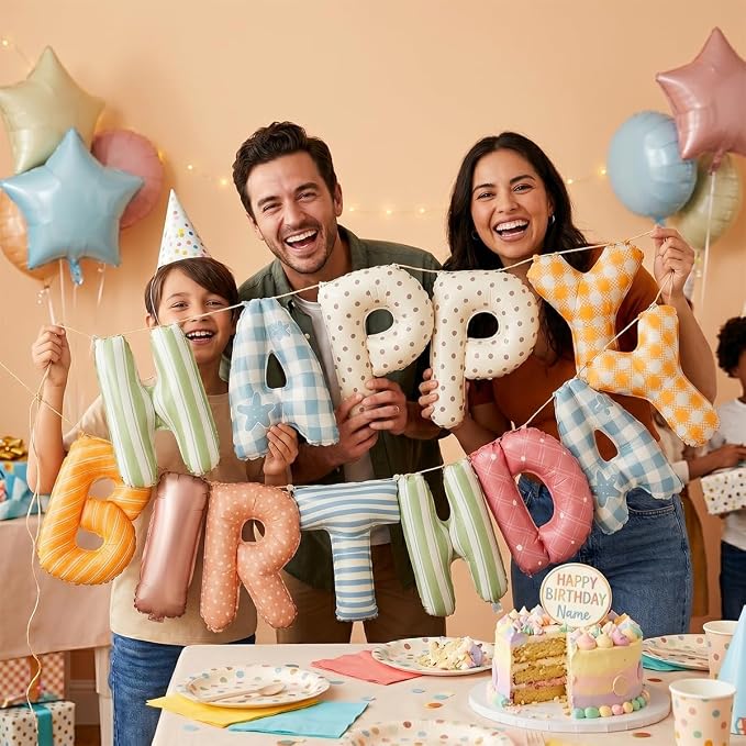 Colorful Happy Birthday Banner Foil Letter Balloon, 14 Inch 3D Plaid, Polka Dots - Image 3