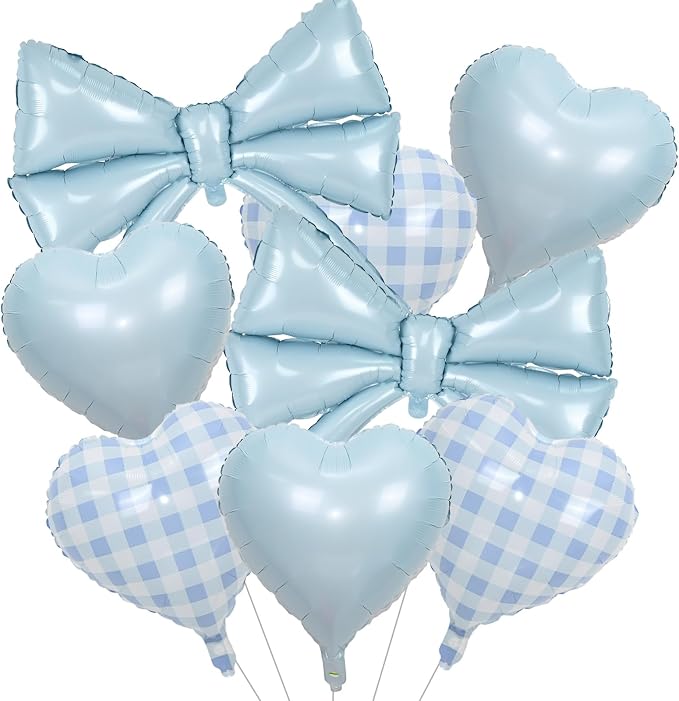 Pastel Blue Bow Balloons & Checkered Heart Foil Balloon Set, Coquette Birthday - Image 8