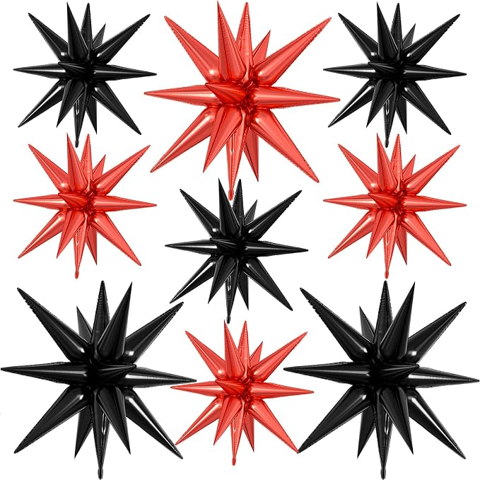 9Pcs Red and Black Star Balloons, Large Explosion Foil Balloons, Metallic Mylar by Dagelar
