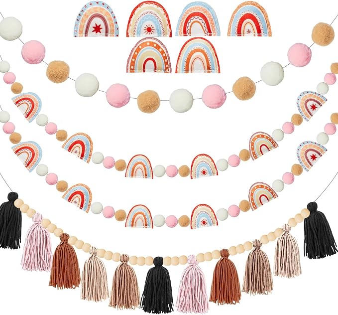 4 Pcs Boho Felt Banner Classroom Tassel Garland Felt Rainbow Decoration by QOUBAI
