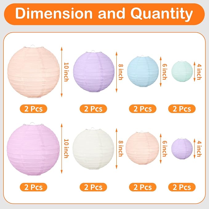 16 Pcs Pastel Paper Lanterns Party Decorations 4'' 6'' 8'' 10'' Colorful - Image 2
