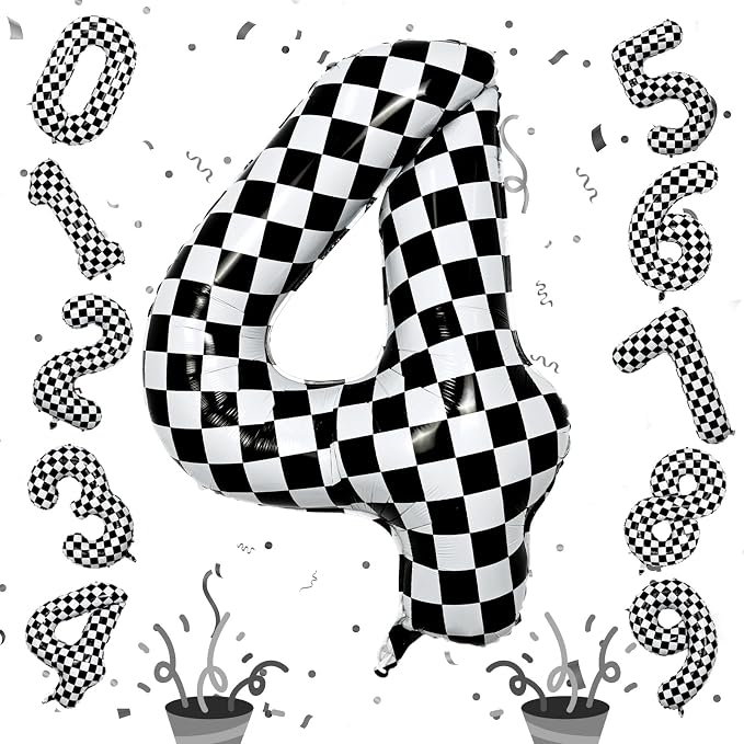 Large Foil Number 4 Balloons, 40 Inch Black and White Checkered 4 Balloon by Isndare