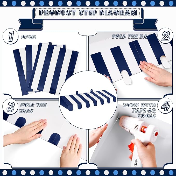 Boao 4 Pack Circus Awning Decoration 3D Navy Blue and White Stripe Cardboard - Image 3
