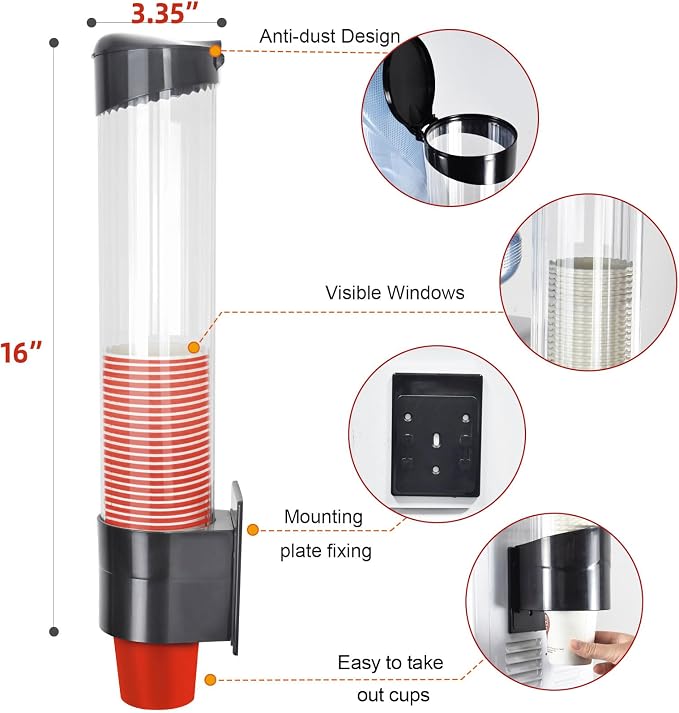 Cup Dispenser, Wall Mount Water Cooler Cup Holder Fits 5-7oz Cups | Pull Type - Image 2