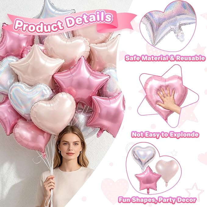 TONIFUL 18 Inch Pink Silver Star and Heart Foil Balloons - Image 4