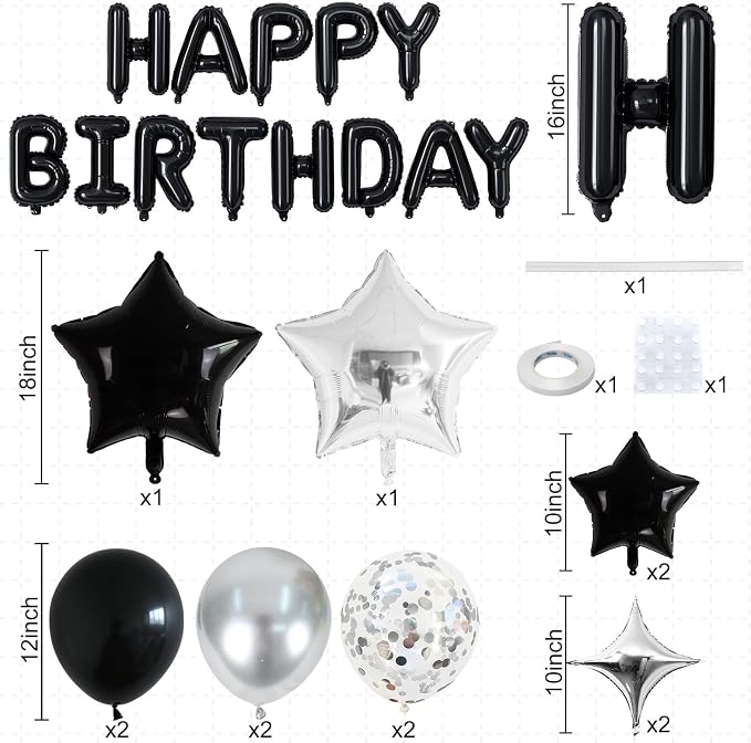 Happy Birthday Balloon Banner Black Silver, 16 Inch Mylar Foil Letter Balloons - Image 2