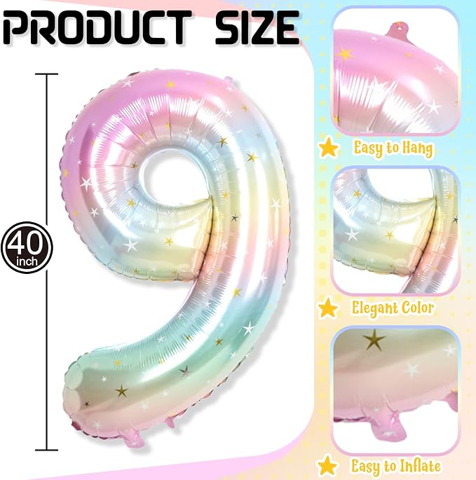 Big Number 9 Balloons, Rainbow Colorful Stars Foil 9 Balloon Numbers 40 Inch - Image 2