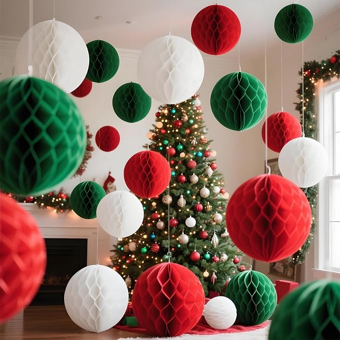 Red White and Green Paper Honeycomb Flower Balls-12 Pcs 6" 10" Tissue Pompoms - Image 2