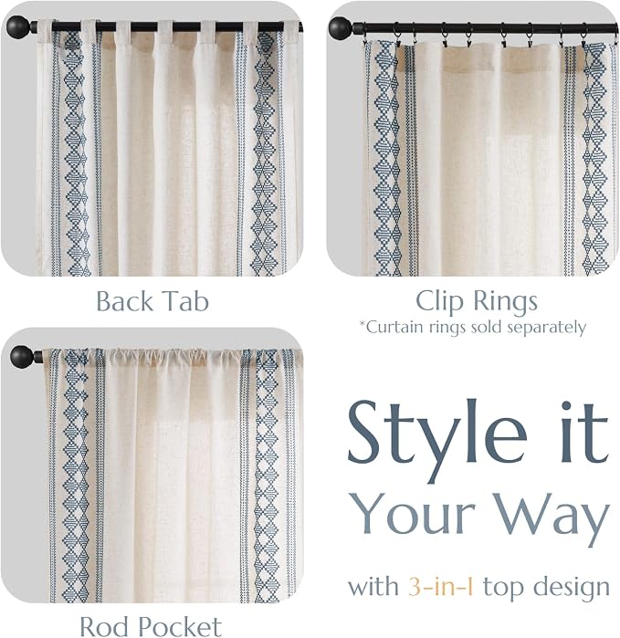 jinchan Floral Linen Curtains Embroidered Back Tab 50x63in 2 Panels Blue | - Image 6