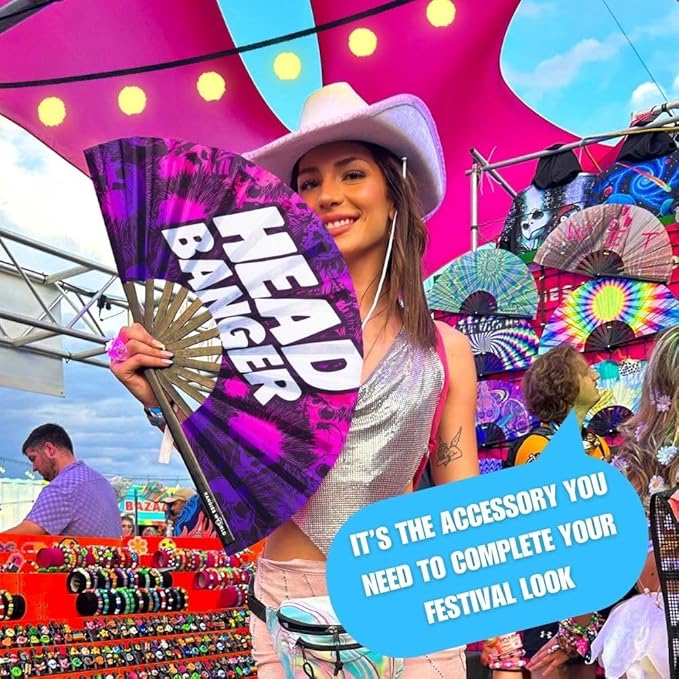 Kandies World Custom Festival Folding Hand Fan - Unique Designs, Made of Bamboo, Clacking Sound, Lightweight - Perfect Rave and Festival Accessory!