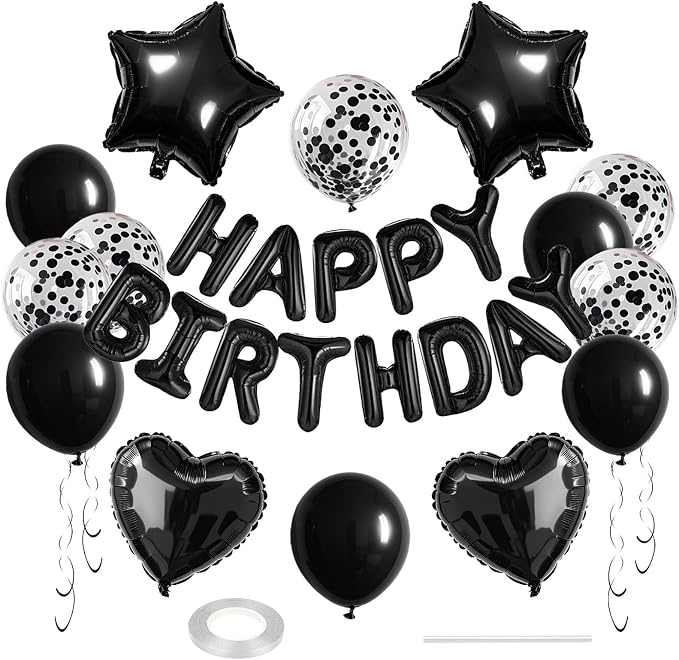 27 Pcs Black Birthday Decorations, 3D Foil Black Happy Birthday Balloon Banner by WEIKA