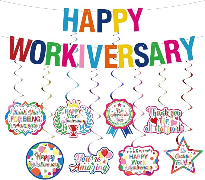Work Anniversary Decorations, Pre-Strung Iridescent Happy Workiversary Banner by GOGOBAY