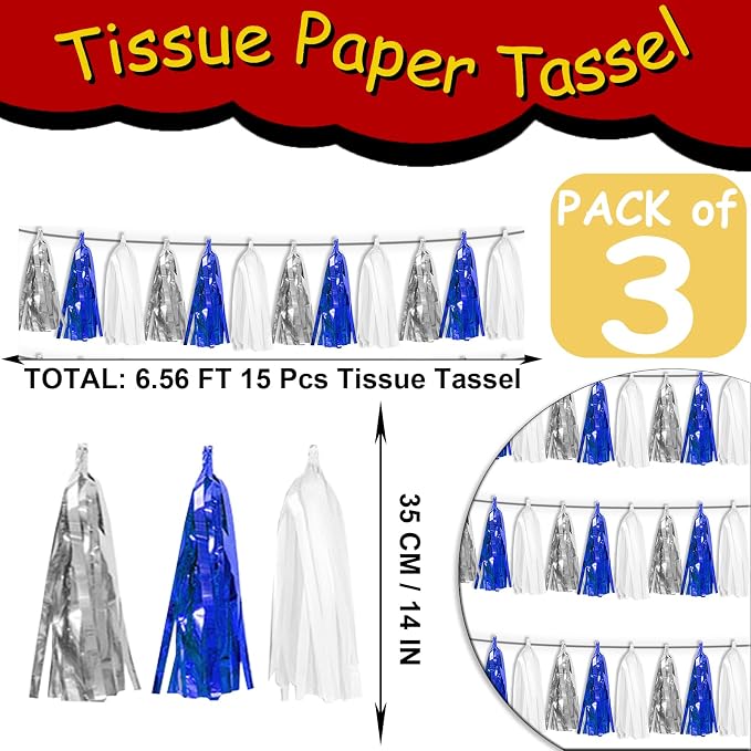 3P Navy Blue White Silver Tassel Banner Garland Metallic Foil Fringe Banner - Image 2