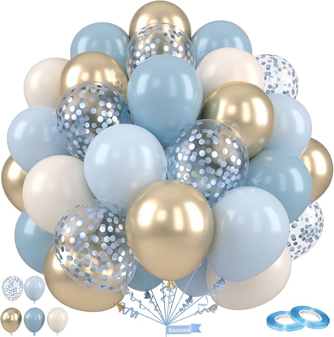 Dusty Blue and Gold Balloons, 12 Inch Blue Gold Balloons, Retro Fog Blue by Saxuxu