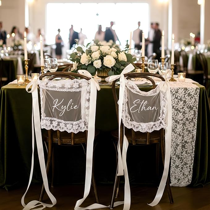 2 Pcs Personalized Sheer Lace Wedding Chair Sign by DUNACO