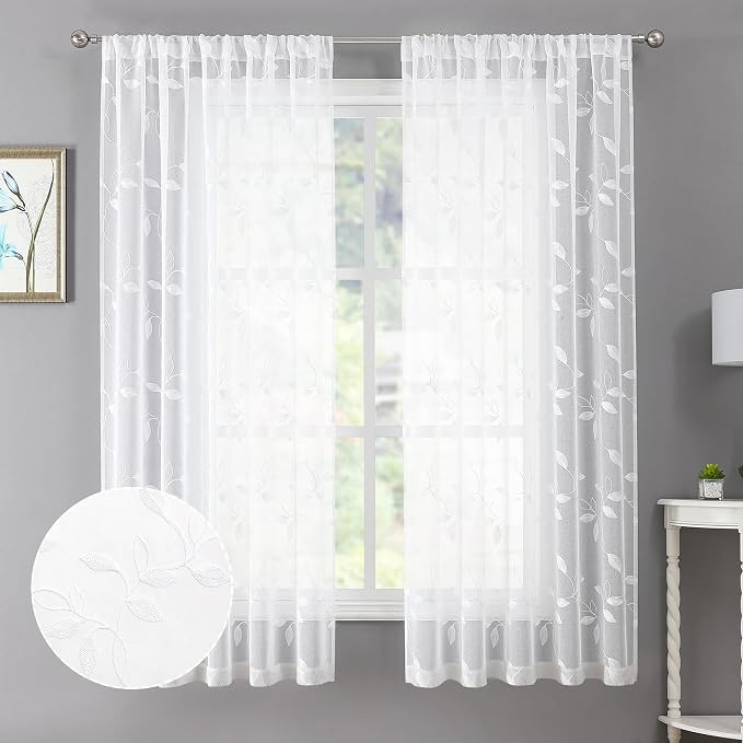 Tollpiz White Leaf Sheer Curtains Bedroom Short 38 x 54 Inches | Leaves by Tollpiz